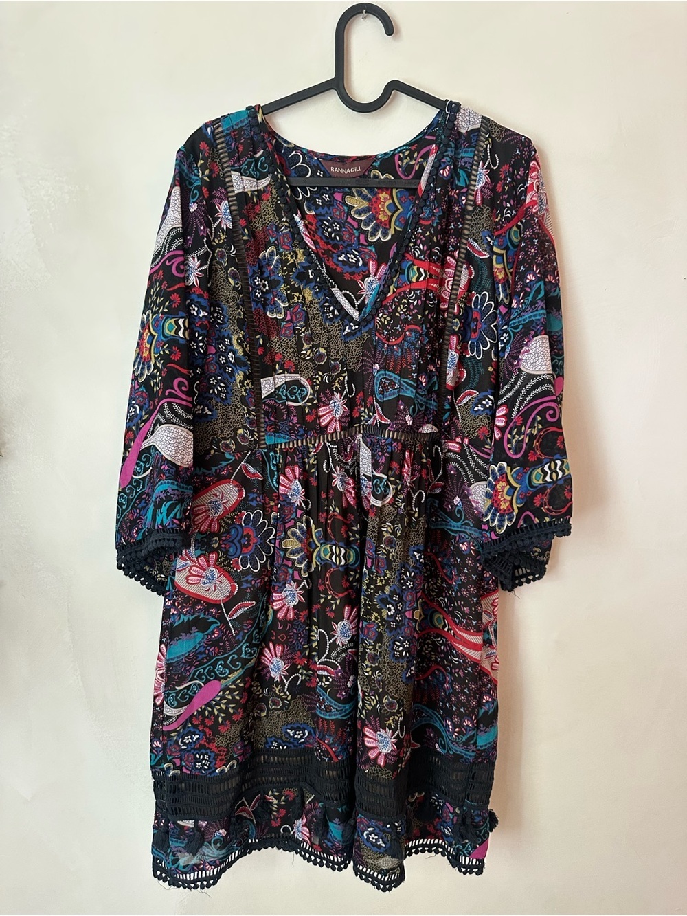 Ranna Gill Black Mini Dress with Multicolor Paisley Floral Print Boho Size 10